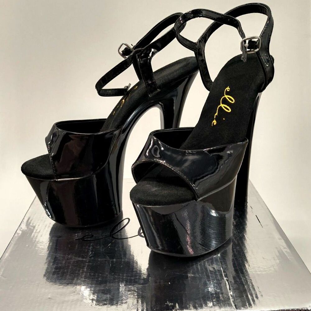 Ellie 711-Flirt Platform Stripper Exotic Dance heels Black Patent 7"peep toe NWB
